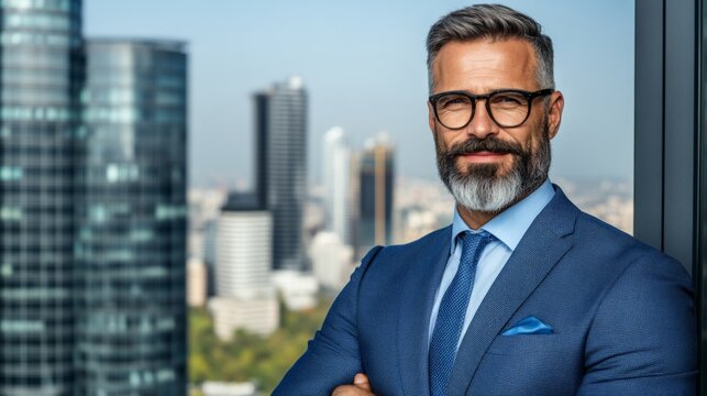 Confident mature businessman in a blue suit and glasses standing by a window in a modern office