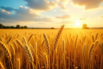 Fototapeta premium Golden wheat field ready for harvest, sun shining on ripe stalks, abundant crop, rural landscape Summer harvest, agricultural scene, golden hour, nature, farmland , plants, harvest, sun rays