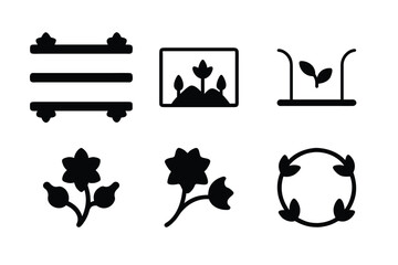 Black vector silhouette icon set illustration of farm animals including a cow, cat, dog, and bear with a plant and tree design
