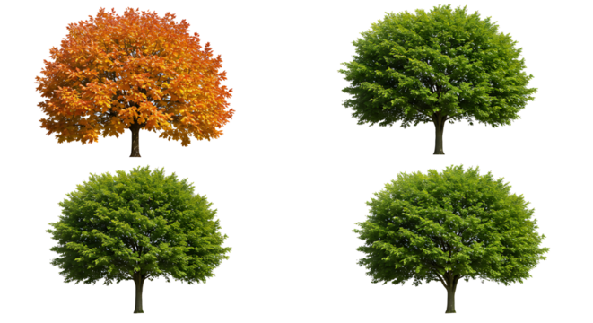 Set of street medium summer and autumn various trees frontal isolated png on a transparent background perfectly cutout
