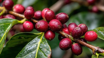 Close-up of vibrant red coffee cherries on a branch with glossy leaves