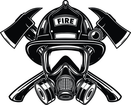 Bold black and white emblem of firefighter helmet mask and crossed axes