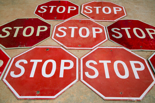 Tucumcari, New Mexico, USA. Collection of stop signs