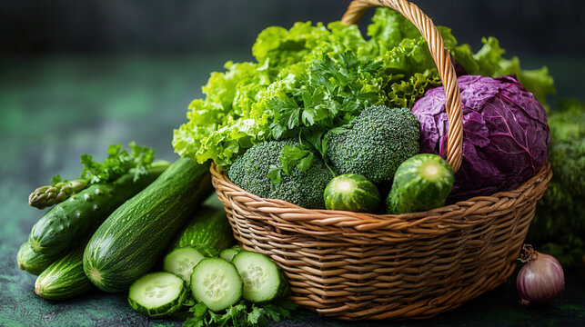Basket with fresh green veggies broccoli, cucumber, cabbage, lettuce, asparagus on vibrant green background, natural healthy eating, vegetarian lifestyle