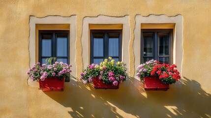 Windows with flower boxes - spring blossoms on sunny day