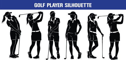 Silhouette illustrations of female golfers in various poses ready to compete on the course