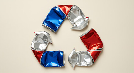 Recycling Icon from Crushed Soda Cans on Light Background