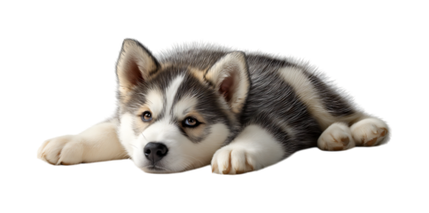 Siberian Husky puppy lying down on a transparent background