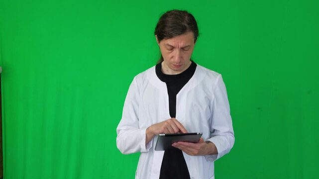 A mid-shot captures a studious and professional mood as a person in a white lab coat meticulously uses a digital tablet, suggesting research, diagnosis, or data entry, green screen background