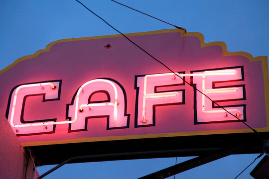 Holbrook,Arizona, United States. CAfe sign at night on Route 66.