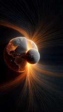 4K Orbital View &ndash; Earth and Moon Connected by Magnetic Energy Streams | Sci-Fi Planet Series 