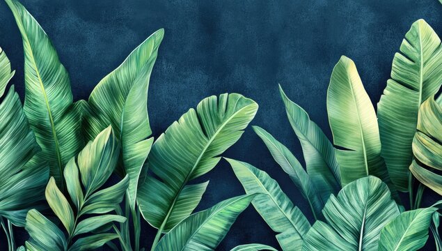 Tropical foliage art print. Lush green banana leaves against a dark teal backdrop