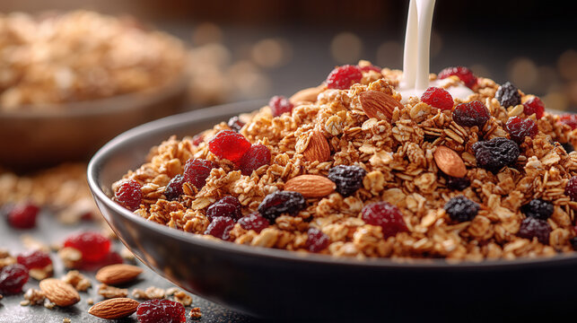 Top view of granola mixed with dried fruit and almonds in bowl, milk gently poured over, colorful and nutritious breakfast setting 