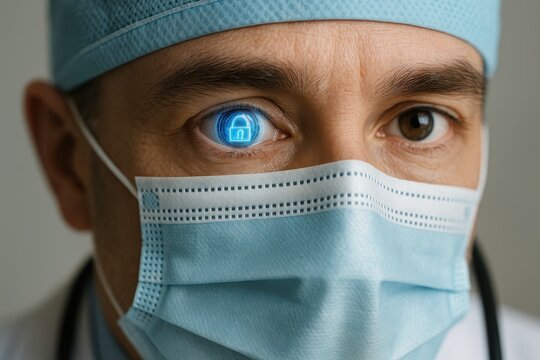 Doctor's eye reflects digital lock symbol while wearing a mask in a clinical setting
