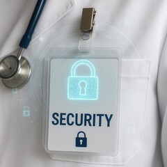 Security badge displayed on a white lab coat in a medical setting focused on safety protocols