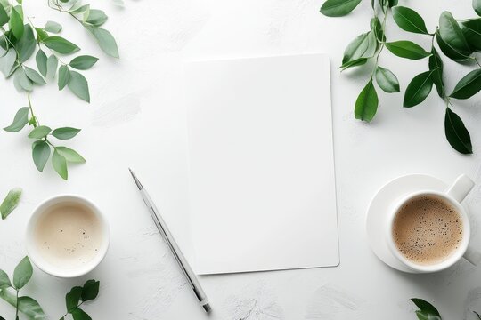Cozy Workspace with Blank Sheet and Coffee on White Background