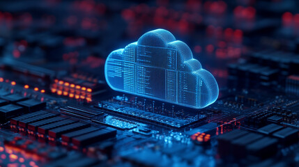 Data Cloud Hovers Over Circuit Board with Code Display