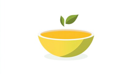 Simple yellow bowl of soup with two green leaves on top, set on white