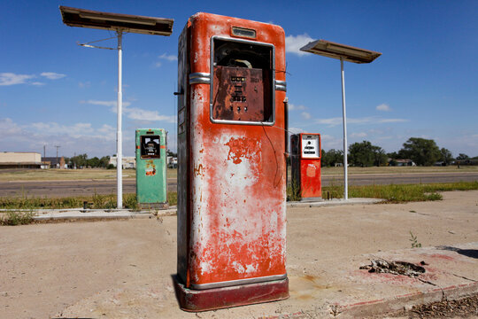 Adrian, Texas, United States.  Old gas pumps at abanonded gas station. Route 66.