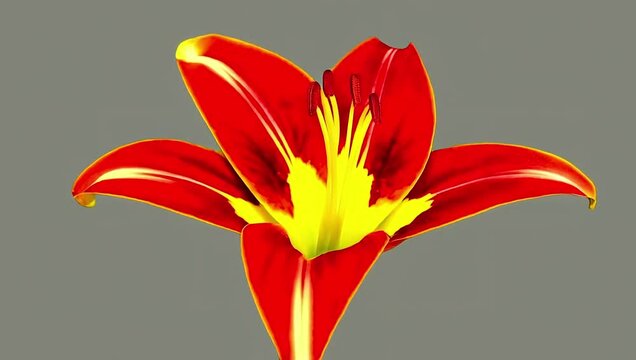 Timelapse of a gloriosa lily blooming with dramatic curling red and yellow petals, showcasing a striking and unusual floral form. Created with generated AI.