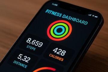 Smartphone displays a vibrant fitness dashboard with step count and calories burned