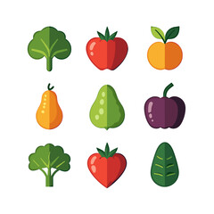 Colorful Flat Vector Illustration of Various Fruits and Vegetables for Healthy Eating and Lifestyle