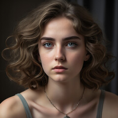 A thoughtful young woman gazes into the distance, her expression a mixture of introspection and calm.