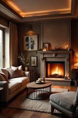 Warm, inviting living room interior with soft lighting, plush furniture, and a crackling fireplace creating a cozy atmosphere perfect for relaxation , relaxing, togetherness