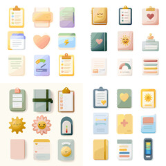 Pastel-style illustrations of health tracking and wellness documents including clipboards, hearts, thermometers, charts, and files. Perfect for medical and self-care apps.

