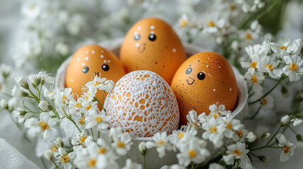 Decorated Easter eggs in bowl with flowers on white cloth
