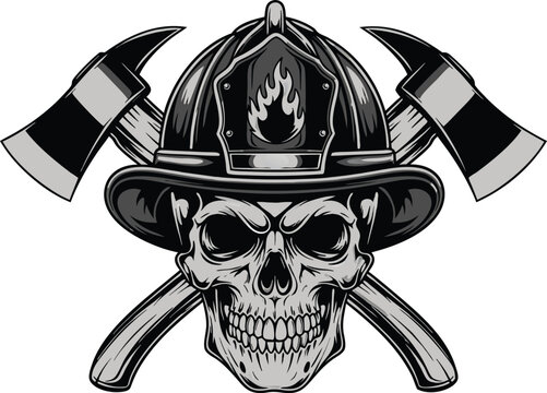Firefighter skull emblem with crossed axes and firefighter helmet in monochrome illustration