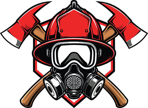 Emblem of a firefighter with crossed axes helmet gas mask and protective goggles