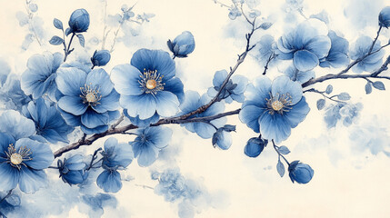 Delicate blue blossoms on branch, soft watercolor style, floral art print