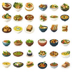 Colorful illustration of Asian and vegan meals in bowls with rice, tofu, curry, vegetables, and noodles. Ideal for recipe content, healthy food blogs, and menus.


