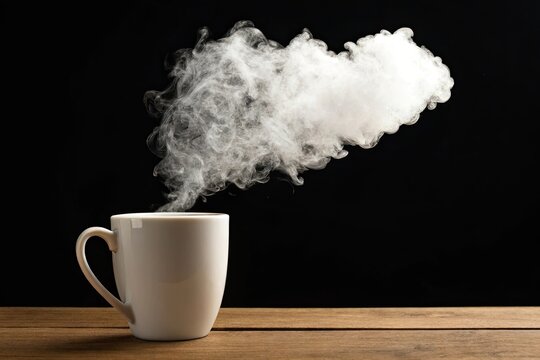 Steaming hot coffee in white mug on wood
