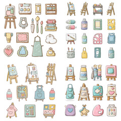 Hand-drawn pastel vector of painting supplies including easels, aprons, brushes, and paint tubes. Ideal for art, hobby, DIY, or kids’ creative tools.

