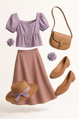 Chic lavender top with pink skirt, brown flats, handbag, sun hat, and flower accessories