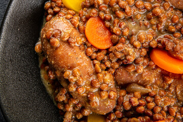 Sausage with lentils and vegetables appetizer vegetable dish fresh tasty gourmet food background on the table rustic food top view copy space