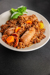 Sausage with lentils and vegetables appetizer vegetable dish fresh tasty gourmet food background on the table rustic food top view copy space