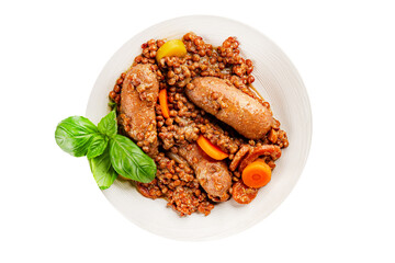 Sausage with lentils and vegetables appetizer vegetable dish fresh tasty gourmet food background on the table rustic food top view copy space