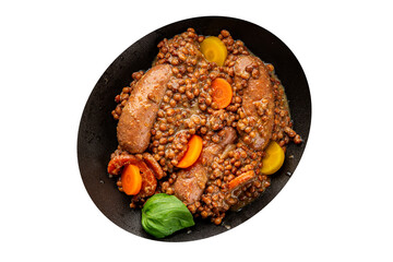 Sausage with lentils and vegetables appetizer vegetable dish fresh tasty gourmet food background on the table rustic food top view copy space