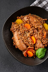 Sausage with lentils and vegetables appetizer vegetable dish fresh tasty gourmet food background on the table rustic food top view copy space