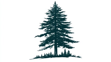 Obraz premium Tall evergreen tree drawing, smaller trees clustered at the base, dark green