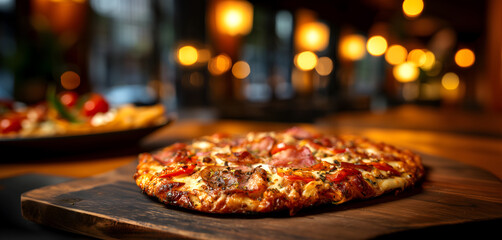 Creative food Concept. Melting cheese sausage meat pizza on wooden board with warm bokeh light cafe restaurant setting. copy text space. Long banner wallpaper