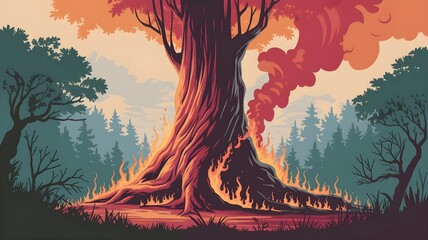 Wildfires in the forest, illustration of trees burning 