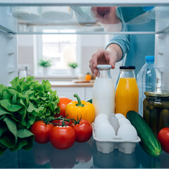 A view from inside a refrigerator shows a hand reaching for a milk bottle, surrounded by fresh produce and various groceries. Generative AI.