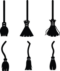 Naklejka premium Collection of Witch Broom Silhouettes for Halloween Decoration and Design Elements