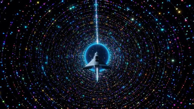 arafed space shuttle flying through a tunnel of colorful stars