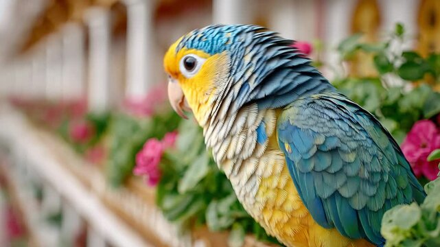 Colorful parrot perched among vibrant flowers.