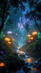 Underwater scene with rays of light, Enchanted Forest with Bioluminescent Light, fantasy landscape, magical landscape